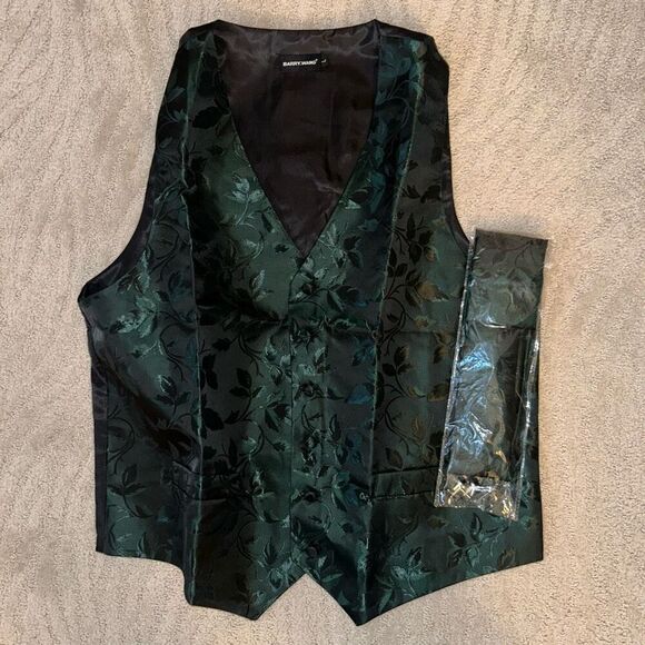 Barry Wang Men’s Green Vest Dark Green Floral V-neck Waistcoat - Picture 3 of 5